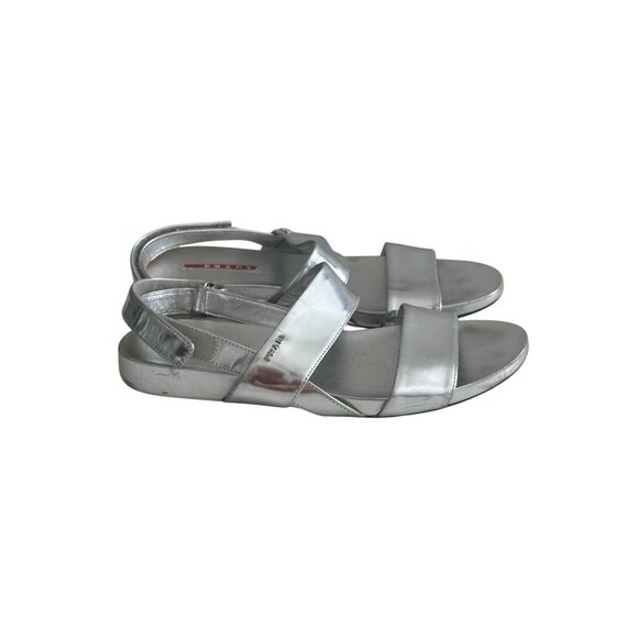 PRADA Silver Leather Double Strap Sandals Size 38.5 - Picture 3 of 10